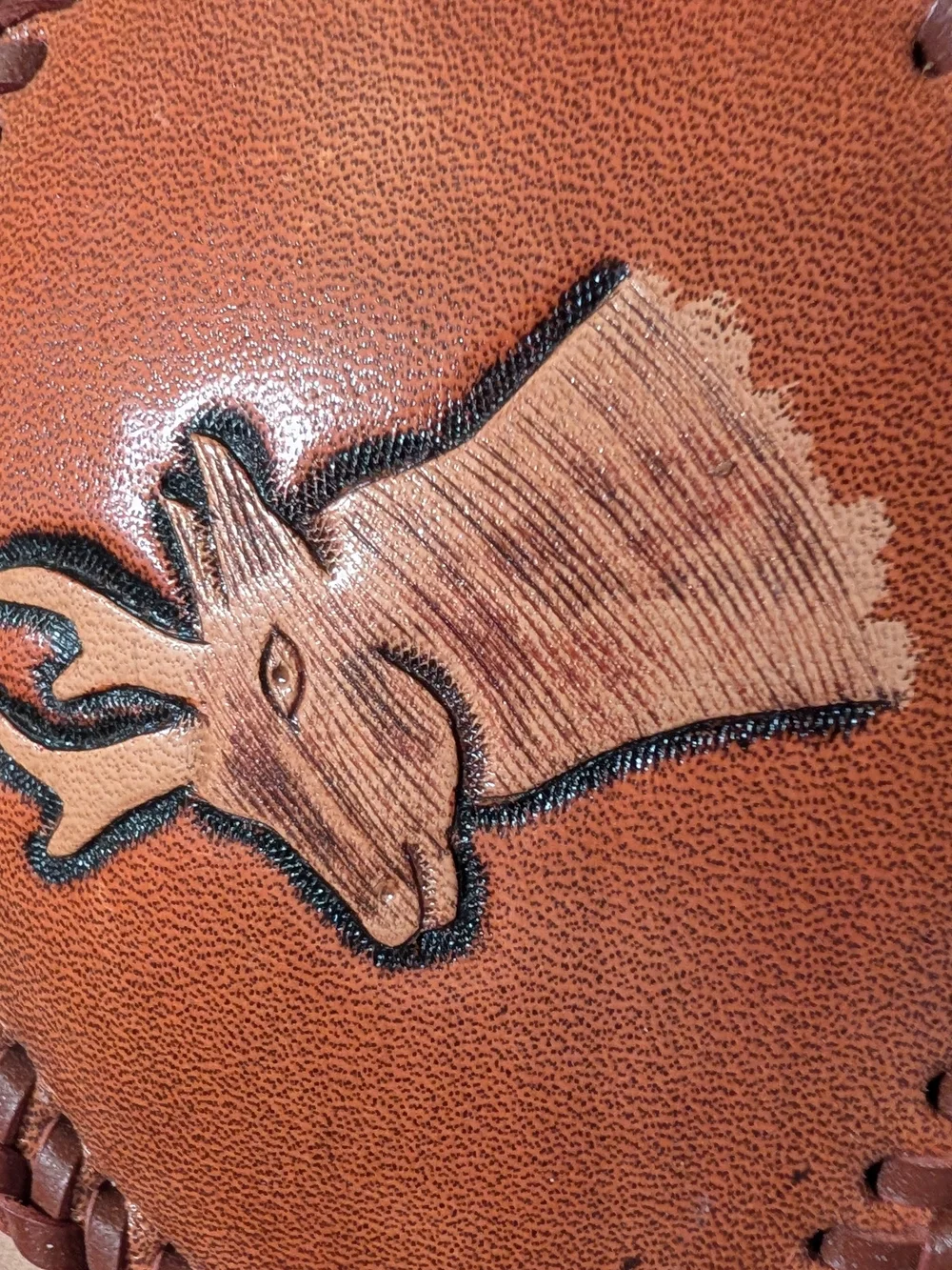 Hand-Tooled Leather Belt Buckle with Horned Animal - Brown